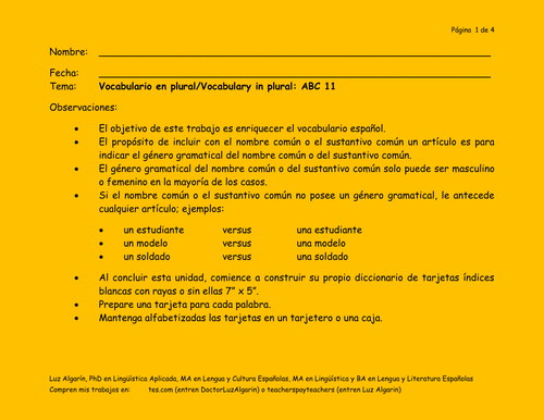 Tema:	Vocabulario en plural/Vocabulary in Plural: ABC  11