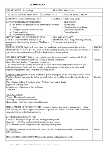 KS3 Food Technology Soup Lesson Plans. Full detailed Lesson Plans