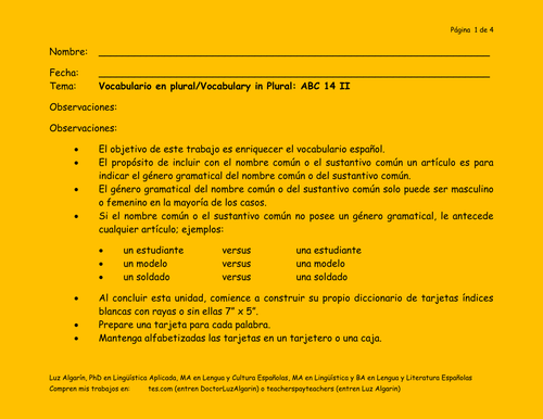 Tema:	Vocabulario en plural/Vocabulary in Plural: ABC  14.2