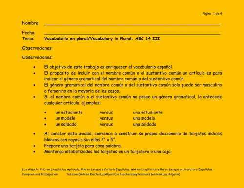 Tema:	Vocabulario en plural/Vocabulary in Plural: ABC  14.3