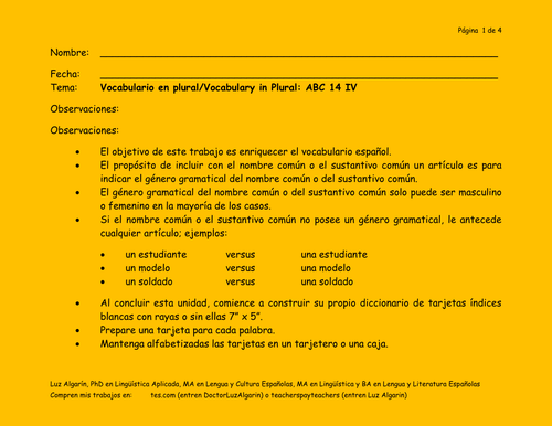 Tema:	Vocabulario en plural/Vocabulary in Plural: ABC  14.4