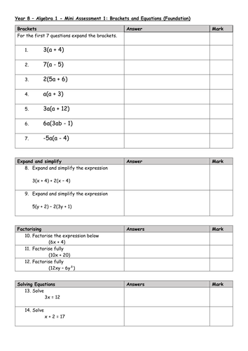 year 8 mini assessments brackets solving equations inequalities teaching resources