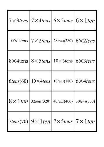 Tarsia Dominoes Puzzle to practise multiplying by 10 (from 6x1 tens up to 10x5 tens) Level 3