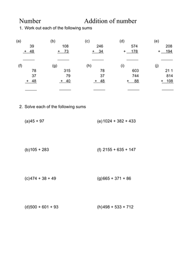 Addition of Number worksheet