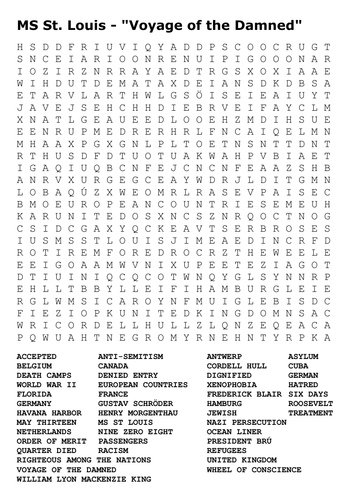 MS St. Louis - "Voyage of the Damned" Jewish Refugees Nazi Persecution Word Search