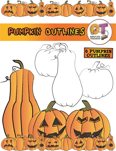 Halloween Pumpkin Outlines - 6 Blackline Pumpkins Clipart