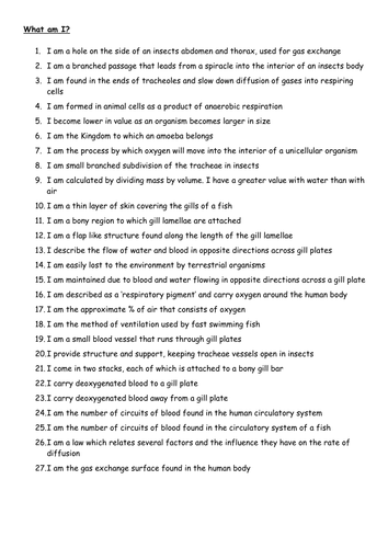 Gas Exchange - What Am I Quiz