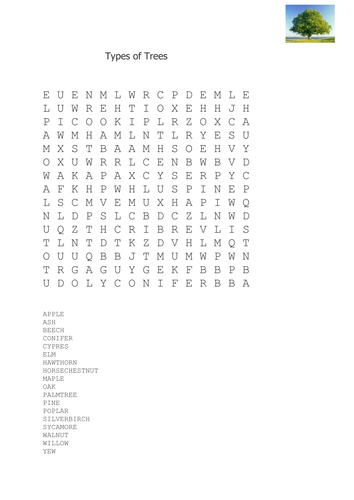 Types of Trees Wordsearch