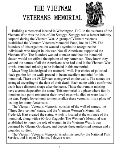 Vietnam Memorial Reading Comprehension Sheet for Veteran's Day
