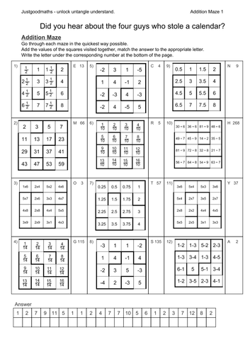 Addition Maze - calculate the answer to the riddle.