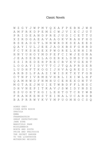 Classic Novels Wordsearch