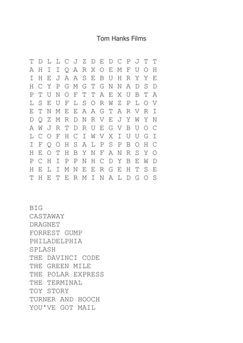 Tom Hanks Films Wordsearch