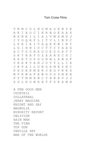 Tom Cruise Films Wordsearch