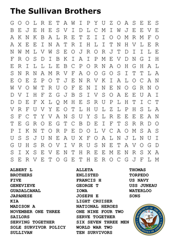 The Sullivan brothers US Navy World War Two Word Search