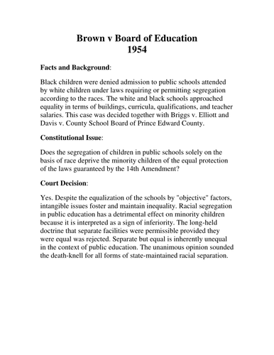 Brown Vs. Board of Education: Outline- Teacher / Students outline