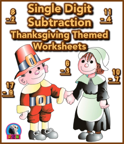 Single Digit Subtraction - Thanksgiving Themed - Vertical