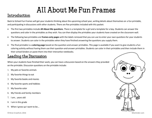 Back to School Icebreaker: All About Me Fun Frames Writing Activity