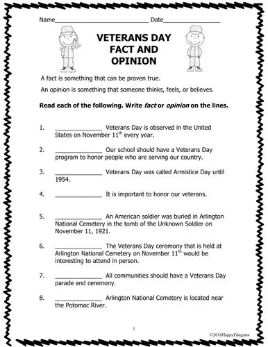 Veterans Day Fact and Opinion Sheet
