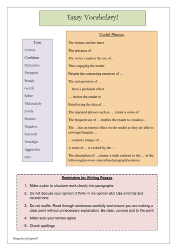 Essay vocabulary helpsheet/bookmark