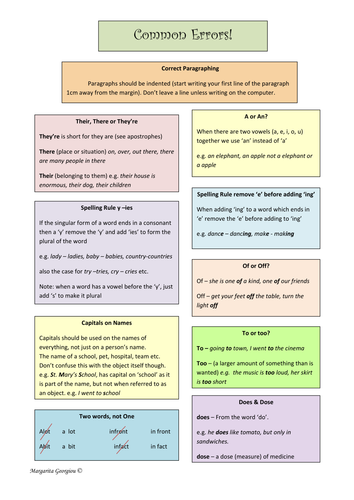 Common Errors student place-mat for writing support
