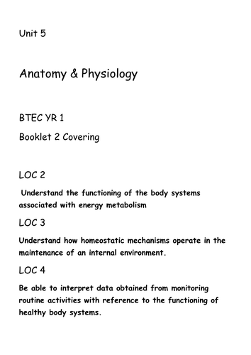 BTEC HSC Anatomy and Physiology Booklet 2for students for unit 5 2010 spec adaptable for 2016 unit 3