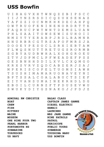 USS Bowfin Pearl Harbor Word Search
