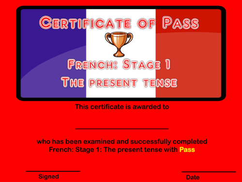 French: Stage 1-9: Test on the present tense with certificates to award