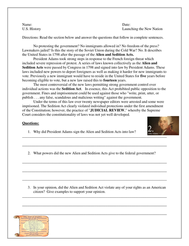 Sectionalism Unit: Alien and Sedition Acts by John Adams- Worksheet