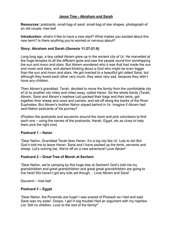 Jesse Tree Series - Abraham and Sarah Worship Plan (Primary)