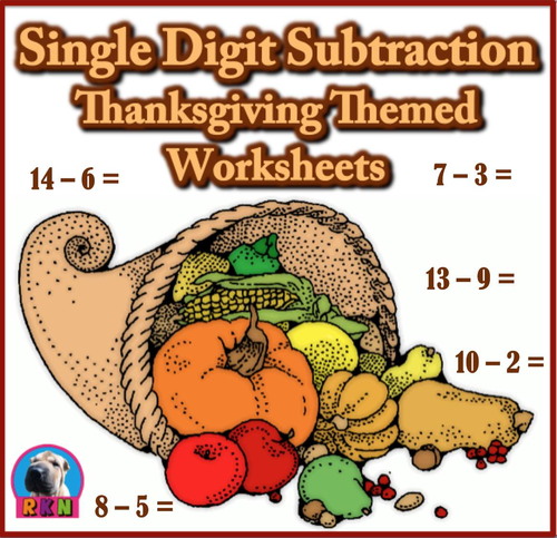 Single Digit Subtraction - Thanksgiving Themed Worksheets - Horizontal