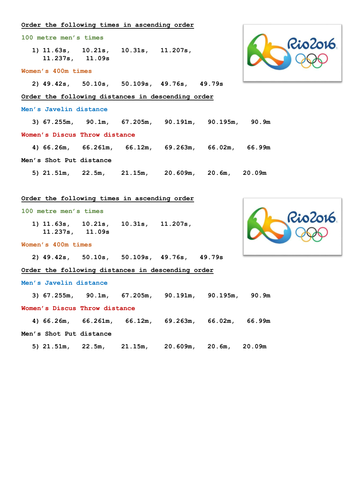 Rio Olympics Ordering Decimals KS2
