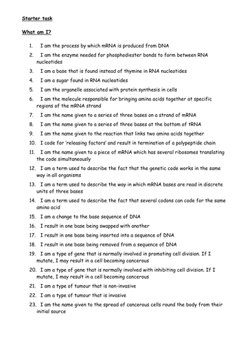 Protein synthesis - 'what am I?' quiz