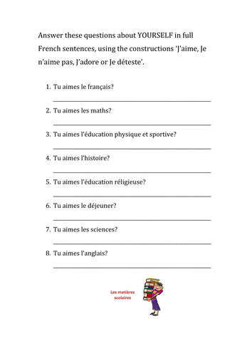 Your Opinions On School Subjects J Aime Les Matieres Teaching Resources