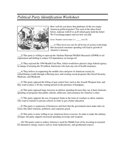 Political Party Identification Worksheet Teaching Resources