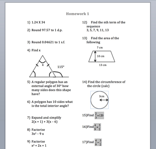 homework in mathematics