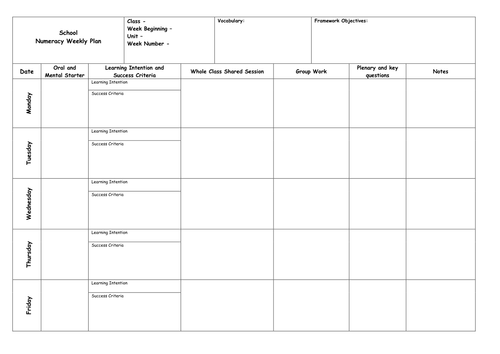 weekly maths plan blank