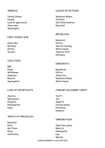 Revision Game Dingbats or Taboo GCSE History America 1919 to 1941