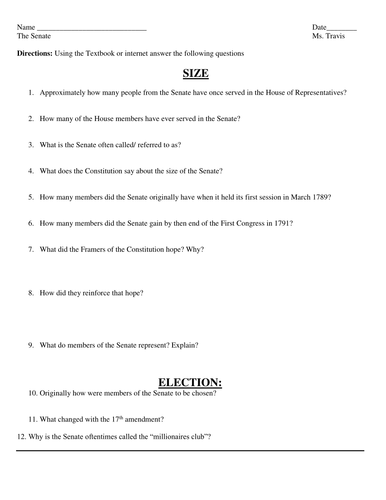 Senate- jobs, size, duties worksheet | Teaching Resources