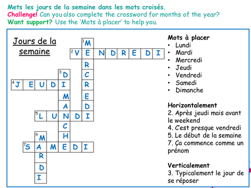 Crossword - Months of the Year and Days of the Week