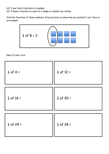 KS1 - Year 1 / 2 - Finding Fractions of a number 1/4 - Differentiated