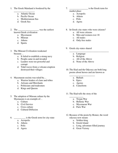 Ancient Greece- Multiple choice and short answer exam | Teaching Resources