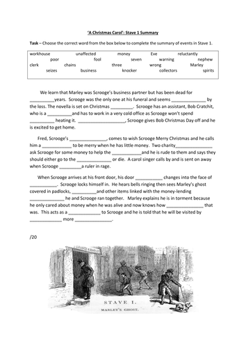 'A Christmas Carol' Stave 1: summary worksheet