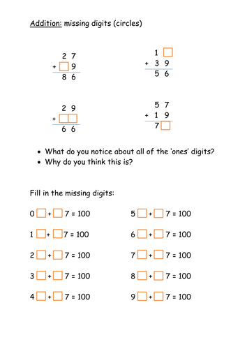 Mastery Activity - Addition - Finding Missing Digits