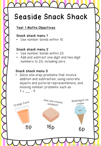 Holiday / beach menus for money addition, subtraction and problem-solving