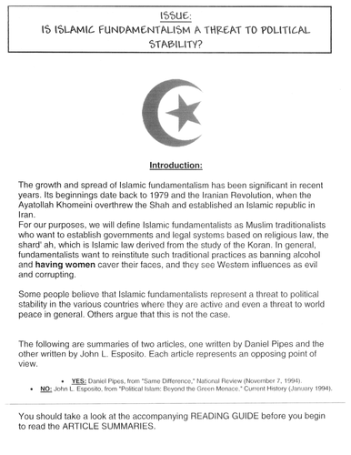 Islamic Fundamentalism Assignment/ Lesson Plan