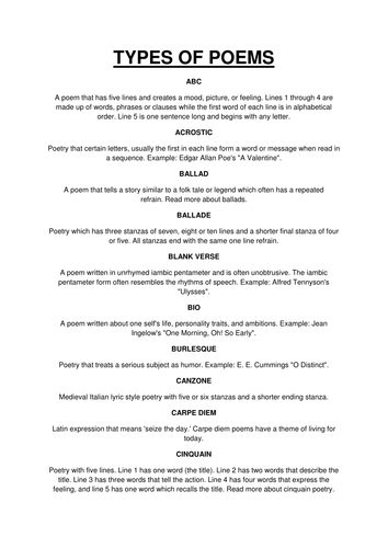 Types of poetry worksheet