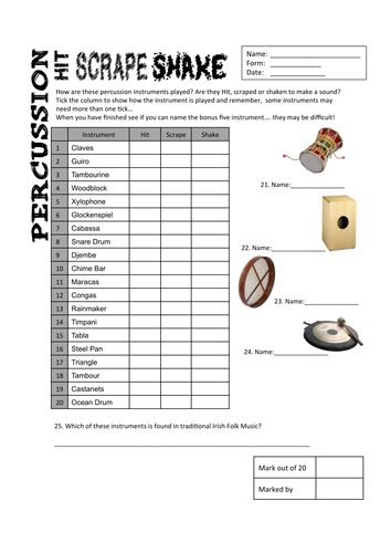 Year 7 Percussion Homework Sheets