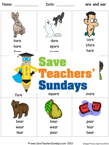 Are and Ear Phonics Worksheets, Activities, Flash Cards, Lesson Plans and Other Teaching Resources