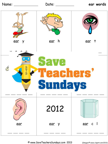 Ear Phonics Worksheets, Activities, Flash Cards, Lesson Plans and Other Teaching Resources