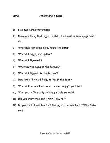 Poetry Comprehension (The Pig by Roald Dahl) Lesson Plan and Worksheets